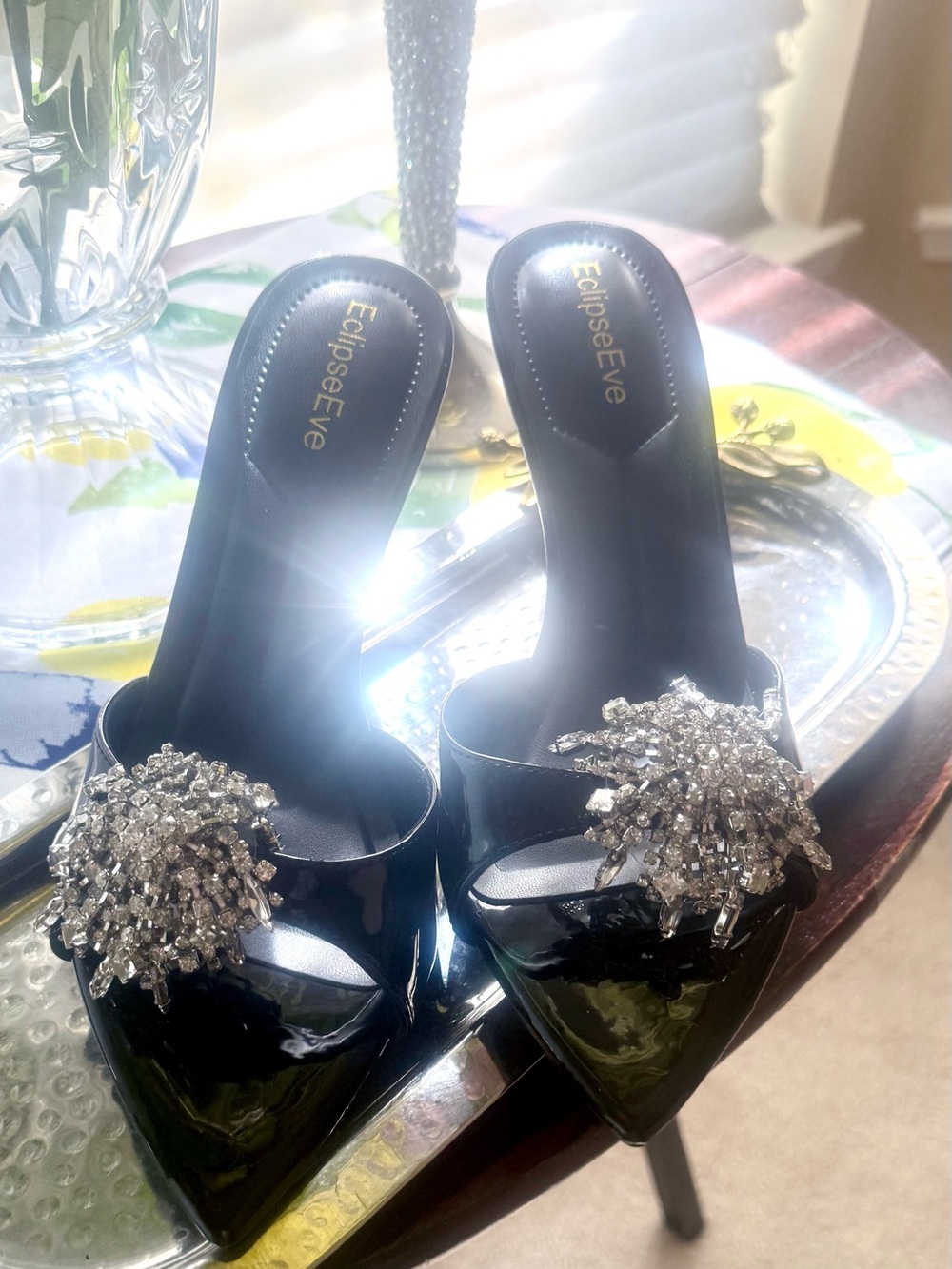 Eclipse Black Patent Pointed-Toe Mules with Crystal Cluster